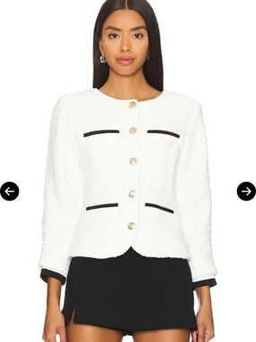Central Park West White Bouclé Collarless Jacket with Black Trim